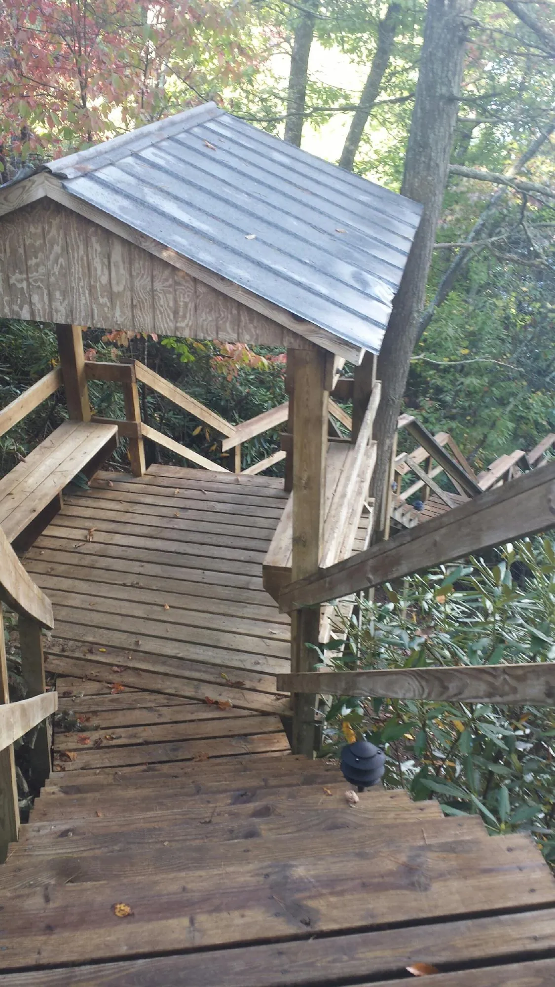 Metal roofed shelter over wooden steps on a wooded walkway — Skylight Repair & Installation work by our crew in Wyoming